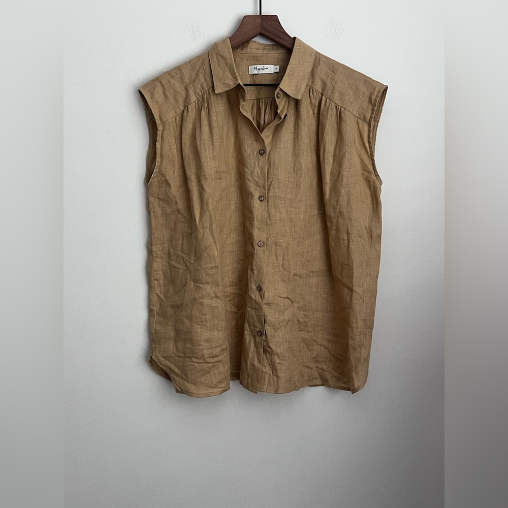 Magic Linen‎ Women's Lightweight Shirt Button Up blouse tan M